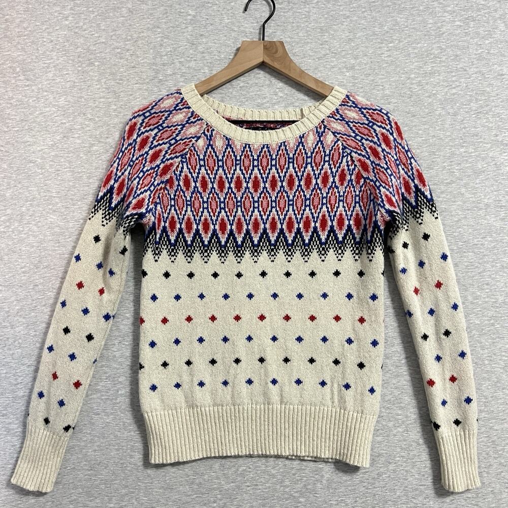 American Eagle Fair Isle Nordic Sweater Womens XS White Wool Red Rabbit Blend